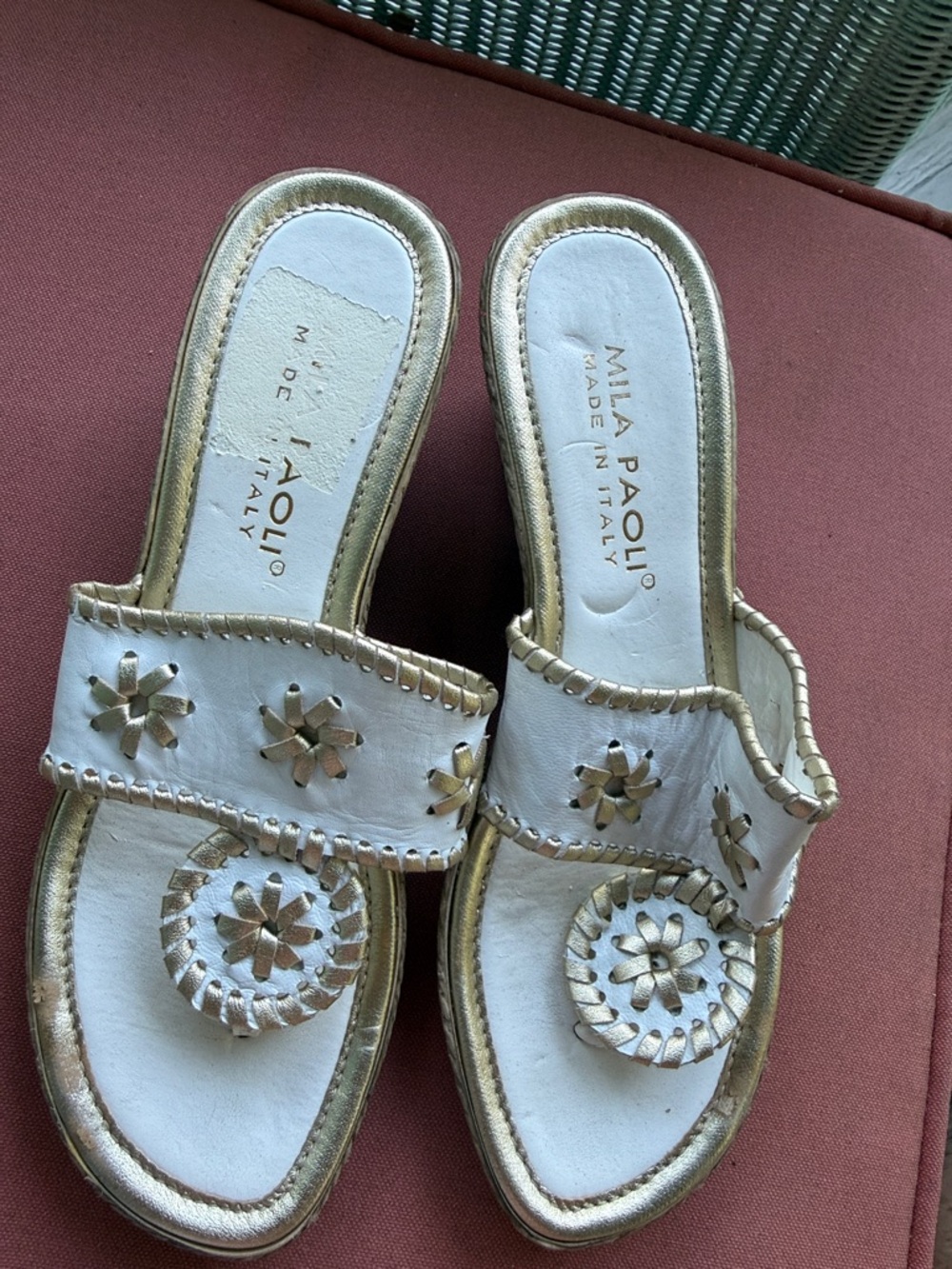 Mila Paoli White & Gold Leather Espadrille Slide Sandals
